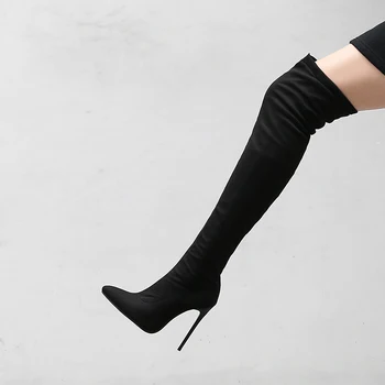 Эластичные эластичные сапоги до бедра Женская обувь Сапоги выше колена на тонком высоком каблуке Женские сексуальные черные серые сапоги из флока выше колена